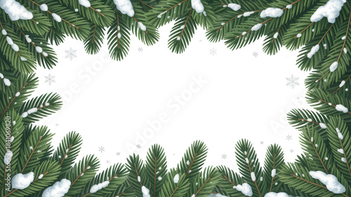 Christmas fir tree branches frame with snow for holiday greeting card design isolated on transparent background