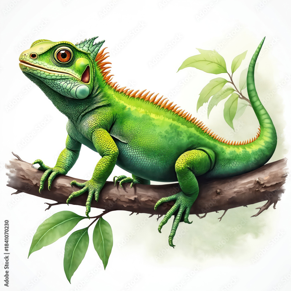 Obraz premium Green lizard sits on a tree branch. Watercolor illustration shows detailed scales and vivid colors of this reptile. Wild animal rests in jungle foliage. Closeup view.