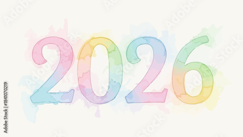 Watercolor style numbers spelling out the year 2026 in soft pastel rainbow hues against a clean white background for celebration