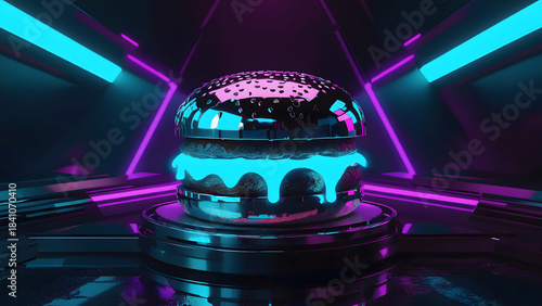 Chrome Burger with Neon Glow on Futuristic Display Stand