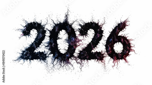 Striking abstract digital rendering of the year 2026 formed by dark chaotic ink splashes and energetic splatter effects on white