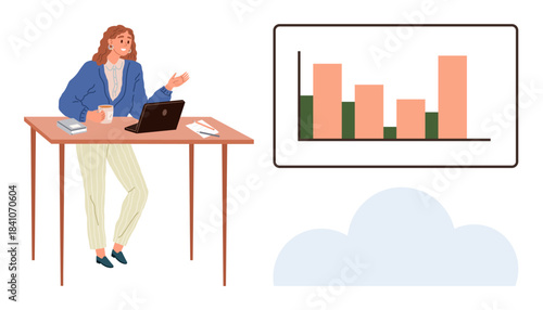 Woman with laptop and coffee at desk contemplating bar chart growth data on screen. Ideal for business analysis, teamwork, entrepreneurship, remote work, productivity, data trends, simple flat