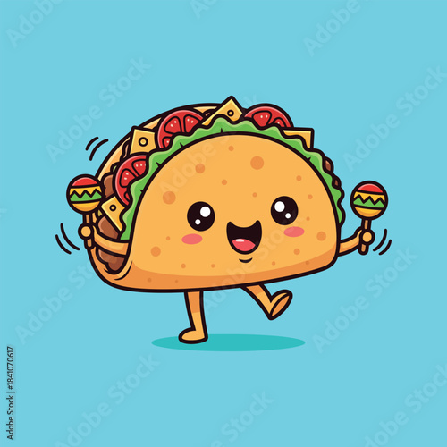 A cheerful cartoon taco character dancing with colorful maracas