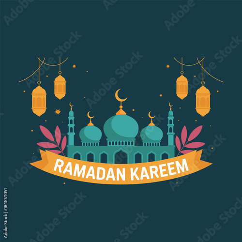 Ramadan Kareem Mosque Lanterns and Crescent Moon Illustration
