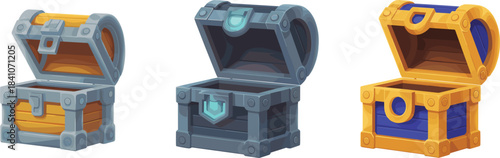 Colorful cartoon set of three treasure chests, pirate gold, loot boxes, game assets, fantasy reward illustration