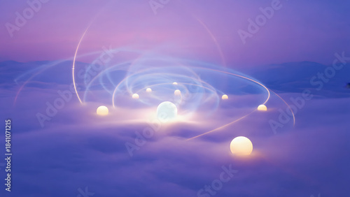 Glowing Orbs and Swirling Light Trails Above Misty Landscape at Dusk