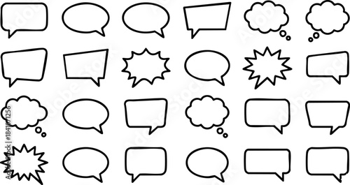 Diverse collection of outline speech bubbles, chat boxes, and thought cloud icons representing communication and dialogue for various design projects