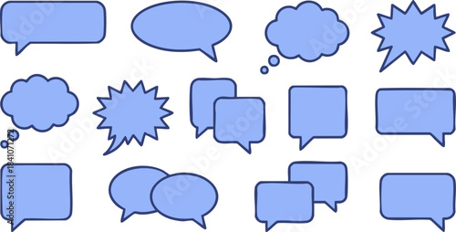 Versatile collection of blue speech and thought bubbles in diverse shapes and styles, ideal for enhancing graphic design projects and digital communication interfaces with engaging visual elements