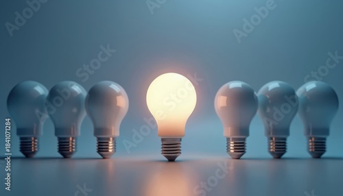 One bright glowing light bulb stands out among many unlit ones. Represents a unique idea, innovation or a solution. Symbolizes creativity insight intelligence originality and breakthrough.