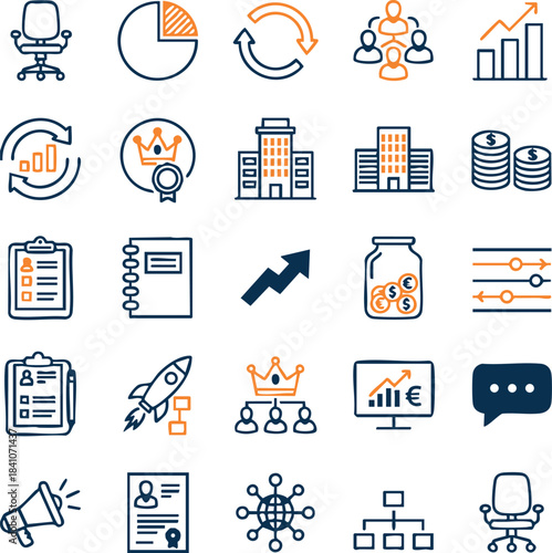 Business and Financial Growth Icon Set Featuring Arrows, Corporate Meetings, Startup Planning, Analytics, and Executive Symbols