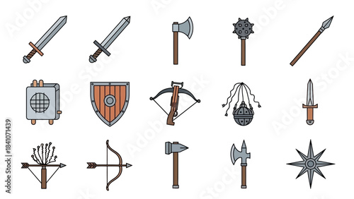 Collection of various medieval weapons with outline in a flat design