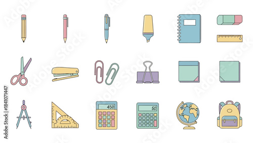 Collection of various office and school supplies in a simple flat style
