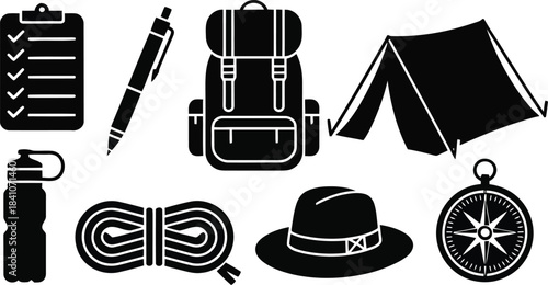 A collection of essential black silhouette icons representing outdoor camping and hiking adventure equipment