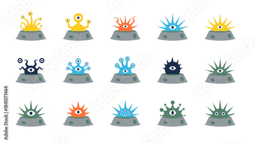 Colorful alien creatures set isolated on white background design