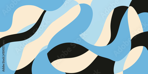 Smooth, undulating abstract pattern featuring organic shapes in a sophisticated palette of calm blues, deep black, and soft cream, evoking a sense of tranquil motion and contemporary style