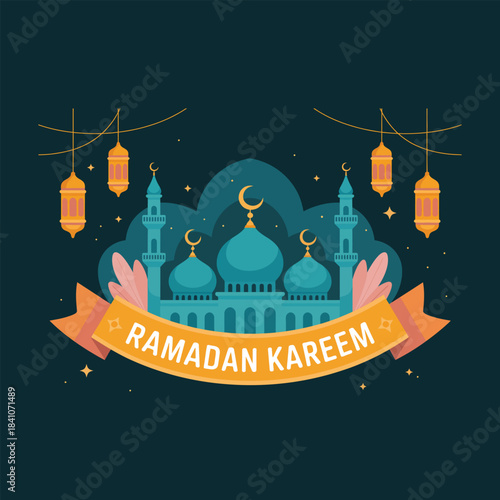 Ramadan Kareem Mosque Lanterns and Crescent Moon Illustration