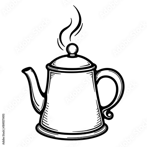 Modern kettle with steam illustration, kids coloring book and educational fun