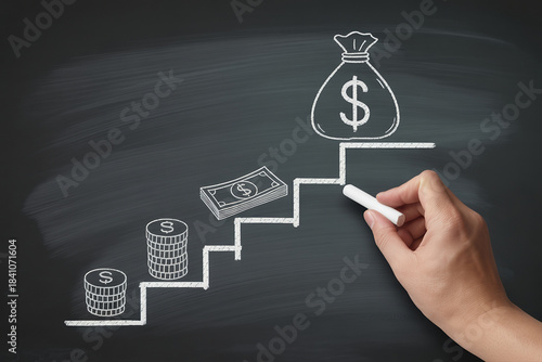 Hand drawing a progressive financial growth graph with coins and banknotes leading up to a money bag on chalkboard