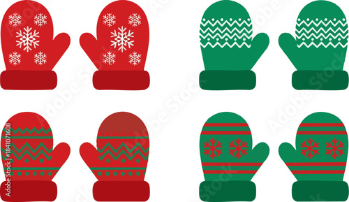 Colorful collection of festive winter mittens with various patterns, perfect for holiday season designs and cold weather apparel graphics