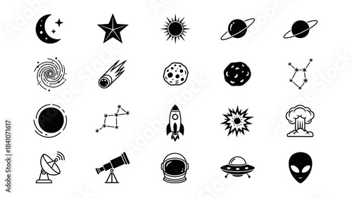 Black and white space icons set stars planets and celestial bodies