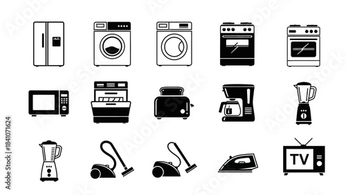 Black and white vector illustration of common household appliances