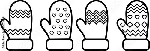 Set of four black and white illustrated mittens with different winter patterns, perfect for crafting and design projects