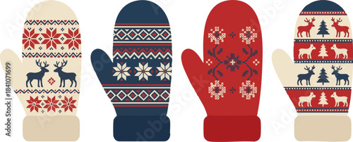 A charming set of four distinct knitted mittens, adorned with cozy Nordic and festive patterns like snowflakes and reindeer, perfect for winter warmth and holiday celebrations