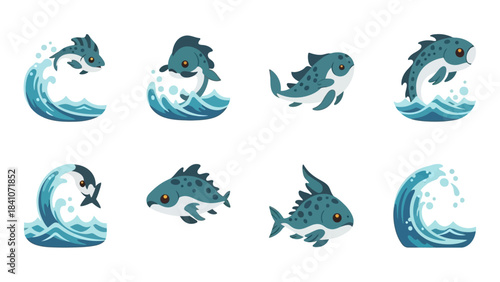 Cartoon fish jumping over waves in playful aquatic scene illustration
