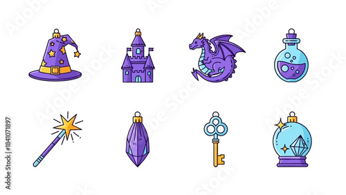 Cartoon illustrations of fantasy elements such as a dragon castle and magic wand