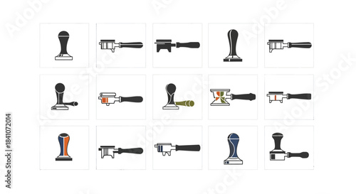 Coffee tools vector illustrations of tampers and portafilters