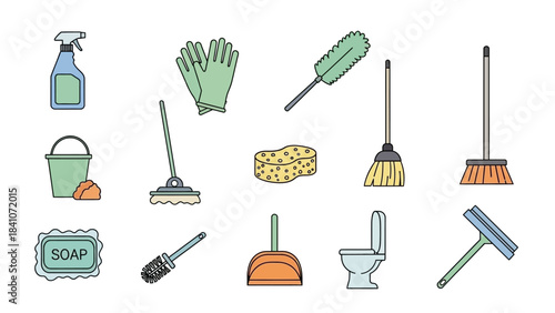 Cleaning tools vector illustration for hygiene and maintenance concept