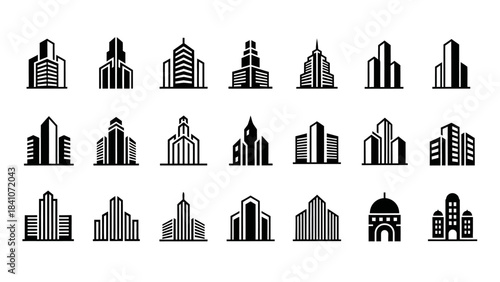 Collection of black and white vector building icons for design and illustration