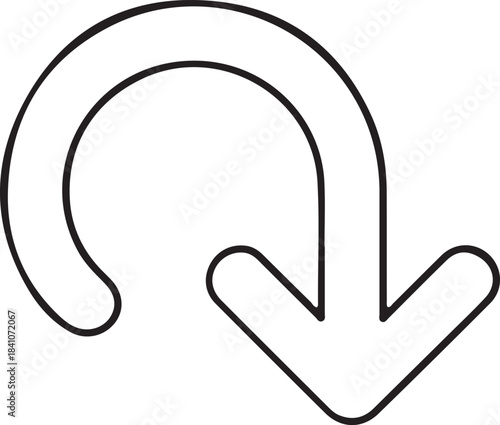 Curved down arrow undo icon, Black outline curved arrow pointing downward, representing undo, return, back, or reverse actions in user interface design.

