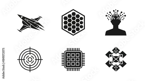 Collection of black and white vector icons depicting technology and aerospace