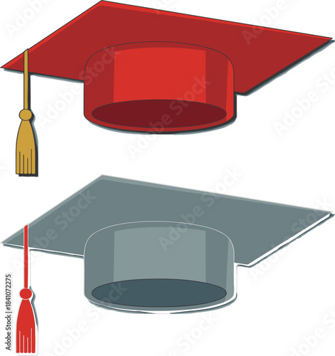Two graduation caps or mortarboards, red and gray, with tassels, education and ceremony symbol vector