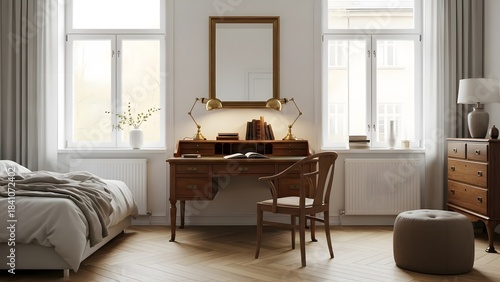 Bright Bedroom Interior with Wooden Desk and Natural Light