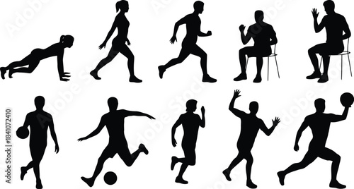 A collection of ten diverse black human silhouettes depicts various sports and fitness activities on white