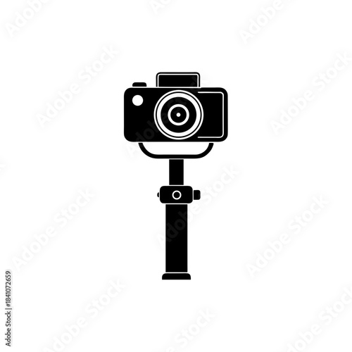 Illustration of a black camera on a stabilizer on transparent background silhouette