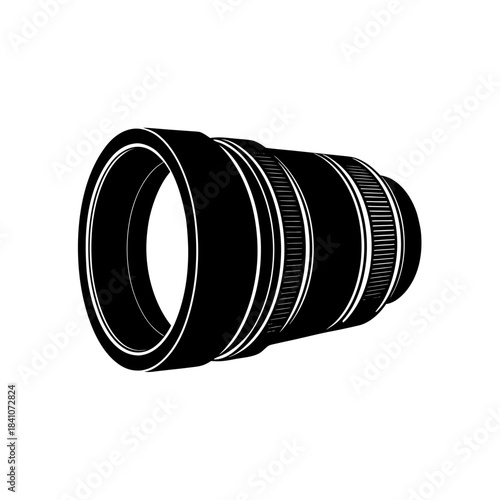 Illustration of a black camera lens on white page on transparent background silhouette