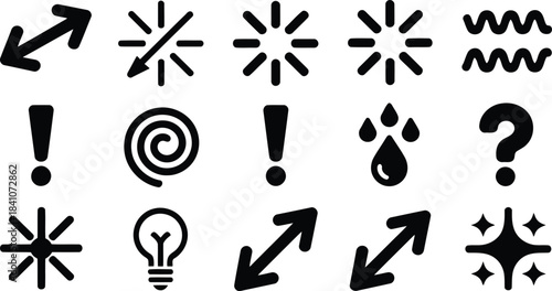 A collection of various black and white universal icons including arrows, lightbulbs, and question marks