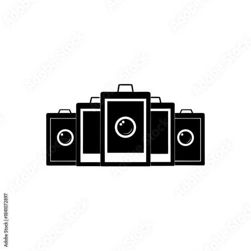 Illustration of five cameras in black and white on transparent background silhouette