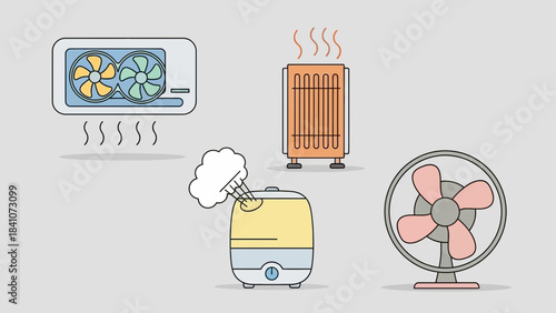 Air conditioner heater fan humidifier climate control devices household appliances cooling warming moisture circulation