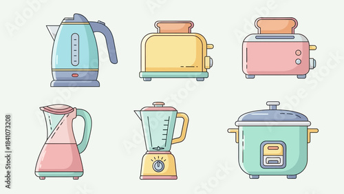 Kitchen appliance icons set electric kettle toaster blender rice cooker pitcher illustration vector design
