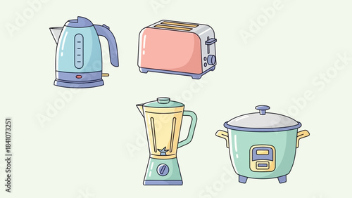 Kettle toaster blender rice cooker kitchen appliance set cooking food preparation small electronics illustration