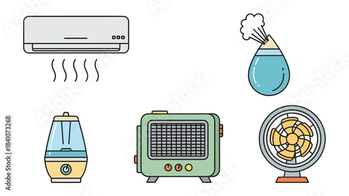 Air conditioner heater fan humidifier climate control devices cooling heating moisture appliance icons set