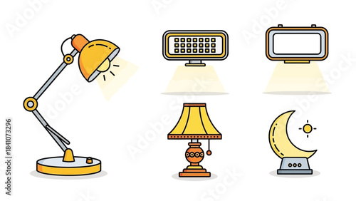 Desk lamp floodlight screen light table lamp moon light illumination icons lighting collection bright objects yellow glow