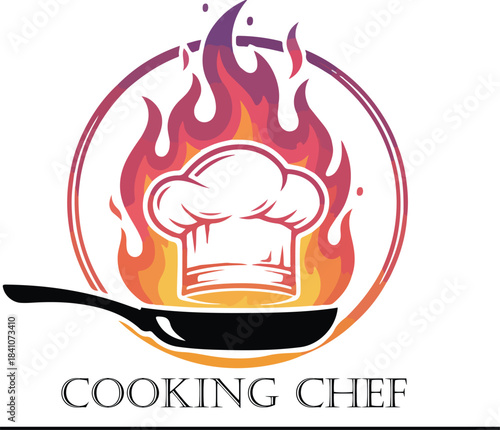 Cooking chef logo with hat flames frying pan and circular design for kitchen branding and culinary identity