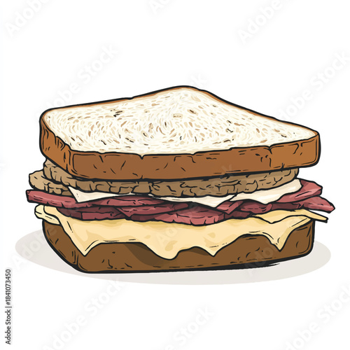 Hand drawn illustration of a classic patty melt sandwich.