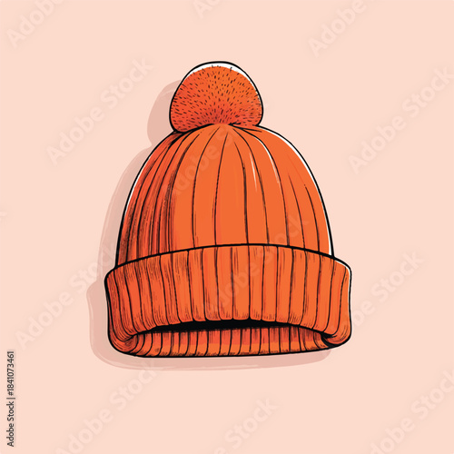 Hand drawn illustration of a warm orange knitted beanie hat.