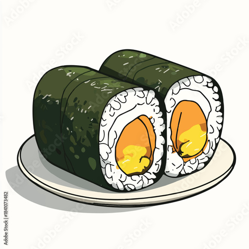  Hand drawn illustration of two Japanese maki sushi rolls on a plate.